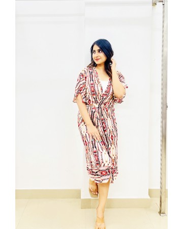 red illusion print wrap around dress