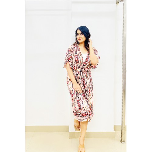 red illusion print wrap around dress