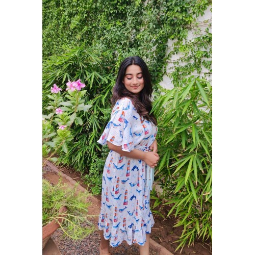 Dolphin print wrap around dress